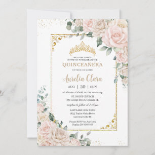 Elegant Champagne Ivory Blush Floral Quinceañera Invitation