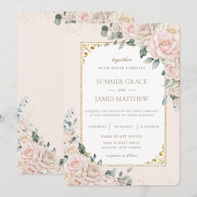 Elegant Champagne Ivory Blush Floral Wedding Invitation (Front/Back)