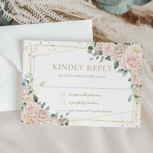 Elegant Champagne Ivory Blush Roses Floral Wedding RSVP Card (Creator Uploaded)