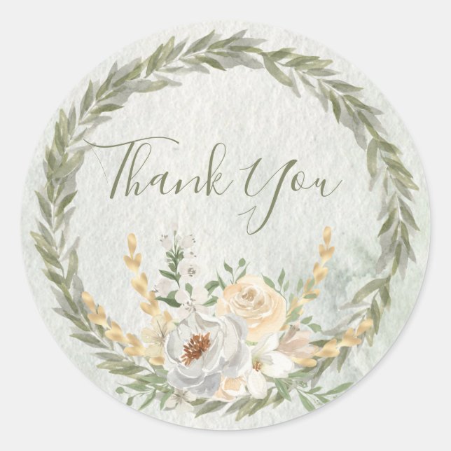 Elegant Champagne Ivory Floral Script  Thank You Classic Round Sticker (Front)