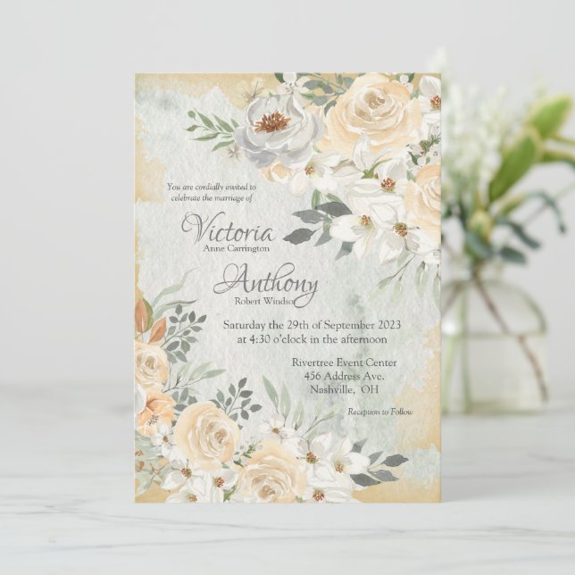 Elegant Champagne Ivory Floral Script Wedding Invi Invitation (Standing Front)
