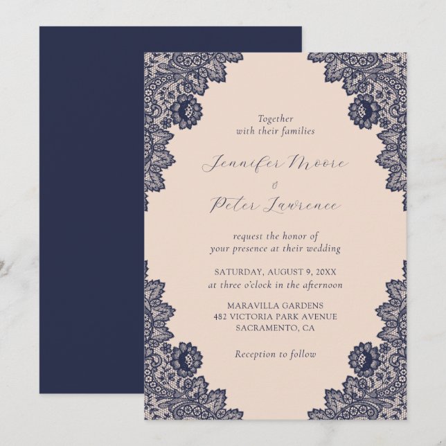 Elegant Champagne Navy Blue Lace Wedding Invitation (Front/Back)