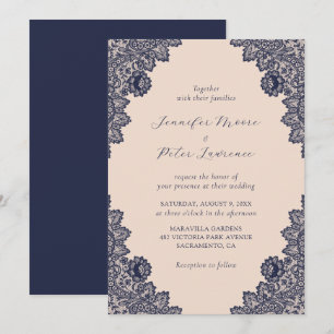 Elegant Champagne Navy Blue Lace Wedding Invitation