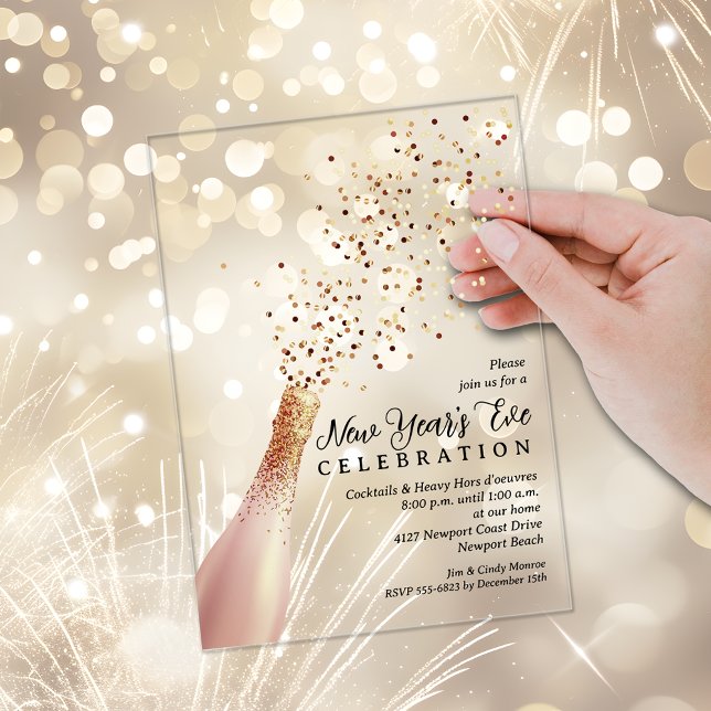 Elegant Champagne New Year's Eve Acrylic Invitations (Elegant Champagne bottle and sequin spray New Year's Eve ACRYLIC party invitations, CLEAR or FROSTED)
