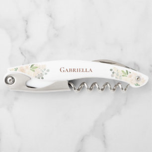 Elegant Champagne Peach Floral Wedding Name Corkscrew