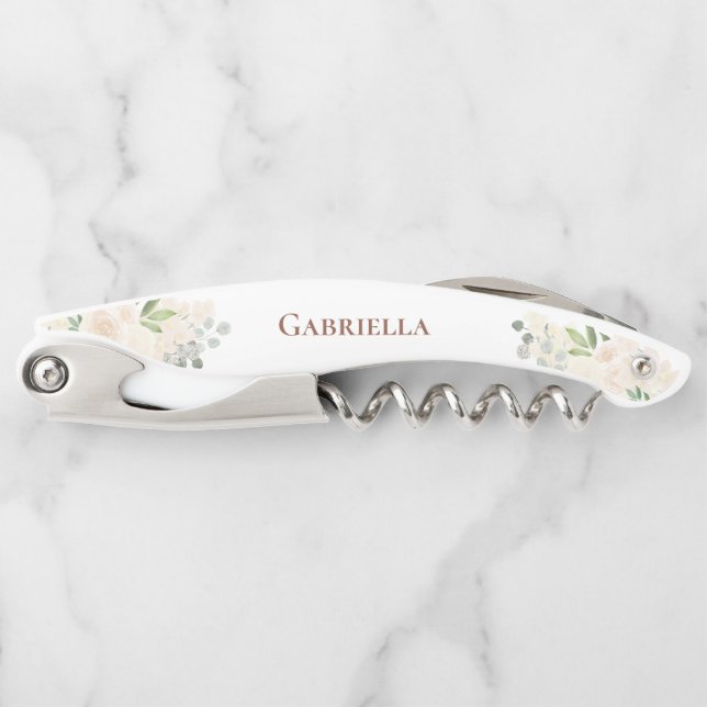 Elegant Champagne Peach Floral Wedding Name Corkscrew (Front)