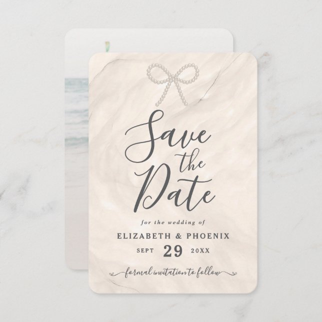 Elegant Champagne Pearl Bow Custom Photo Wedding Save The Date (Front/Back)