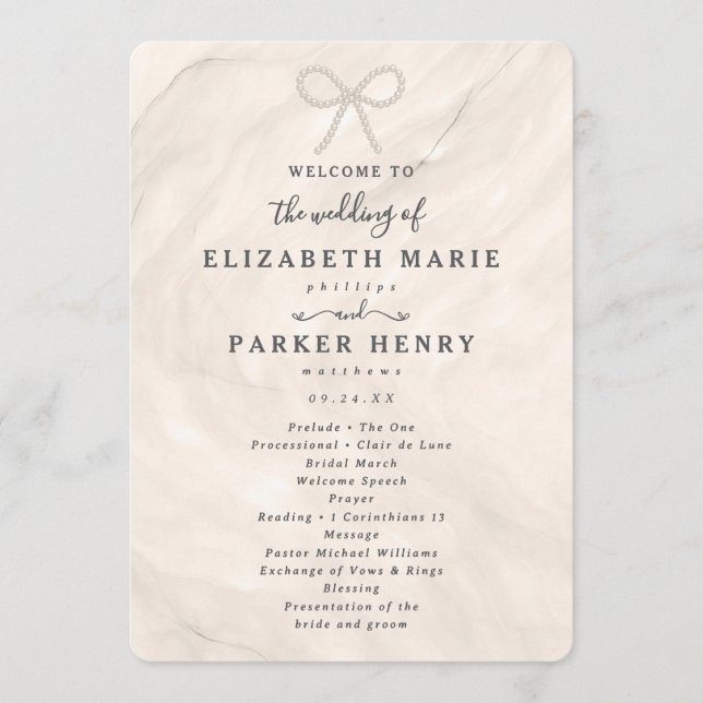 Elegant Champagne Pearl Bow Wedding Ceremony Programme (Front)