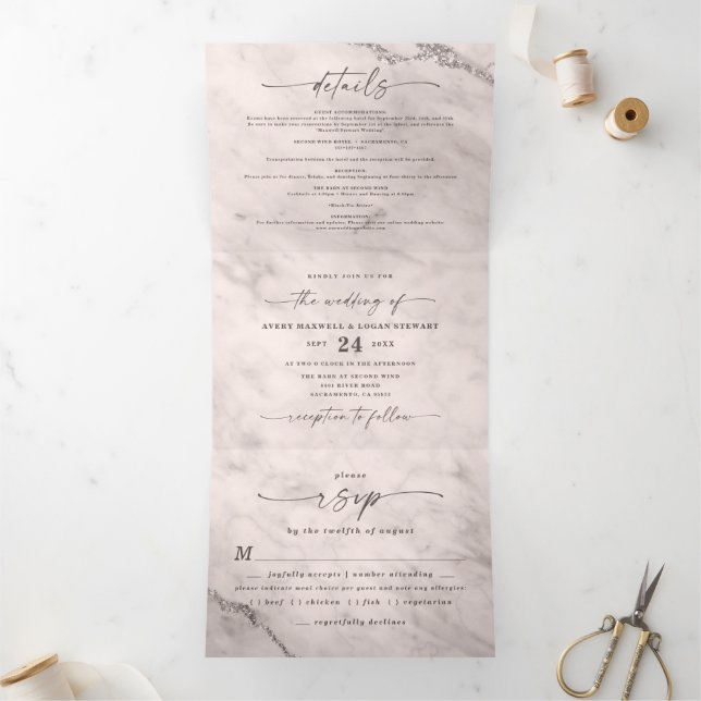 Elegant Champagne Pink Marble with Foil Wedding Tri-Fold Invitation (Inside)