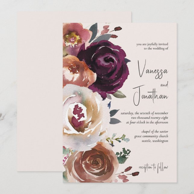 Elegant Champagne Purple & Rosewood Floral Wedding Invitation (Front/Back)