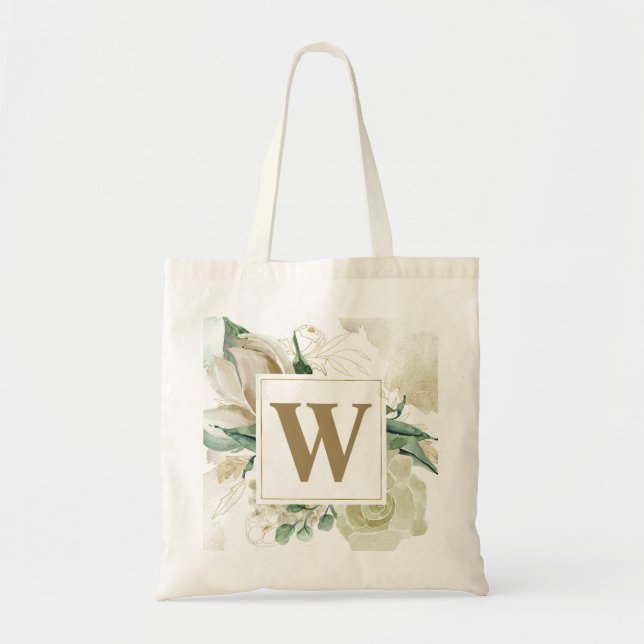Elegant Champagne Rose Floral Monogram Wedding Tote Bag (Front)