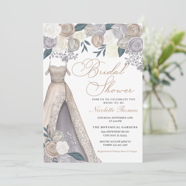 Elegant Champagne Silver Bridal Shower Dress  Invitation (Standing Front)