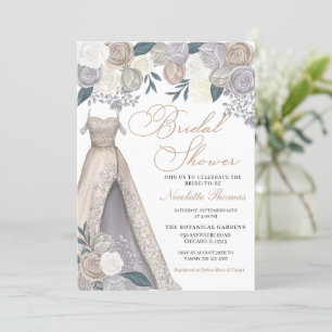 Elegant Champagne Silver Bridal Shower Dress  Invitation