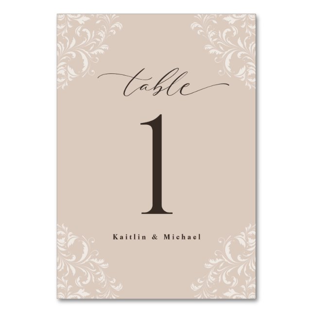 Elegant Champagne Tan Vintage Small Wedding Table Number (Front)