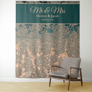 Elegant Champagne Teal Wedding Monogram Backdrop Tapestry