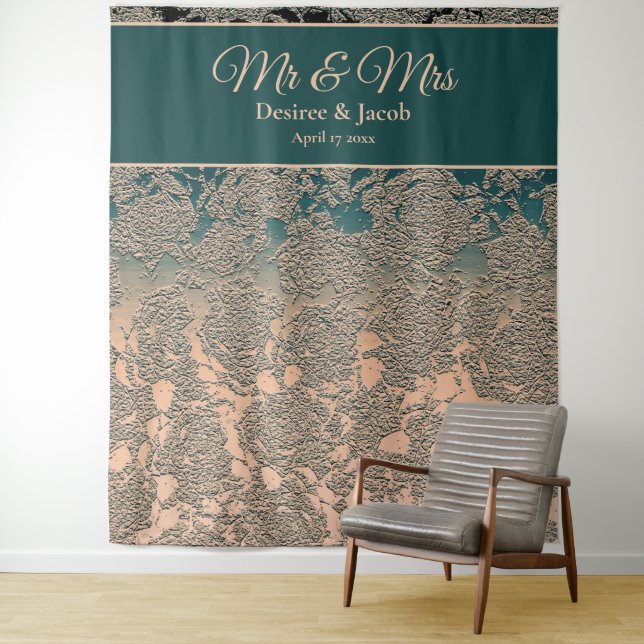 Elegant Champagne Teal Wedding Monogram Backdrop Tapestry (In Situ)
