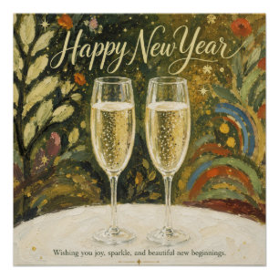Elegant Champagne Toast Folk Art Happy New Year Poster