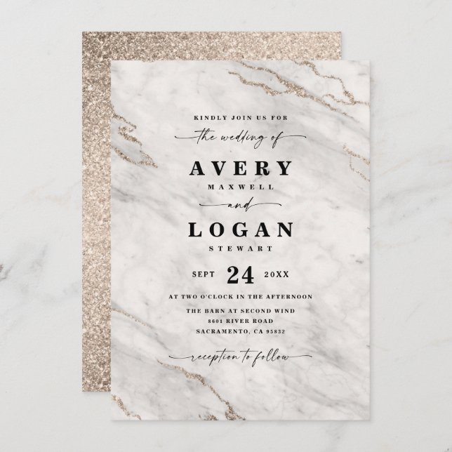 Elegant Champagne White Marble & Glitter Wedding Invitation (Front/Back)