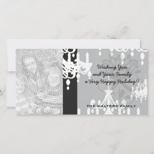 elegant chandelier black white damask holiday card