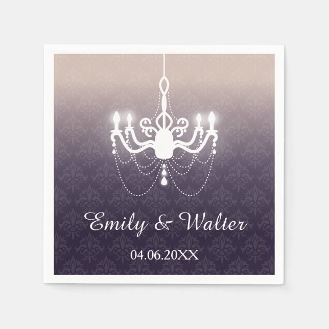 Elegant Chandelier On Purple With Names Wedding Napkin (Front)