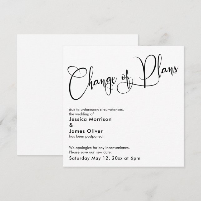 Elegant "Change of Plans" Postponed Wedding Card (Front/Back)