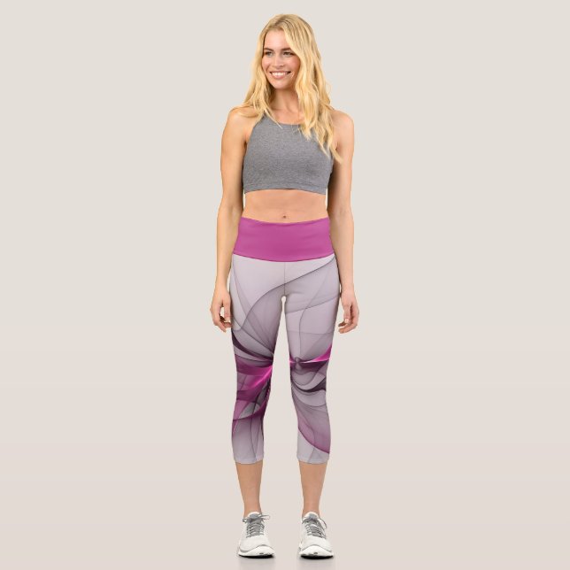 Elegant Chaos Modern Abstract Pink Fractal Art Capri Leggings (Front)