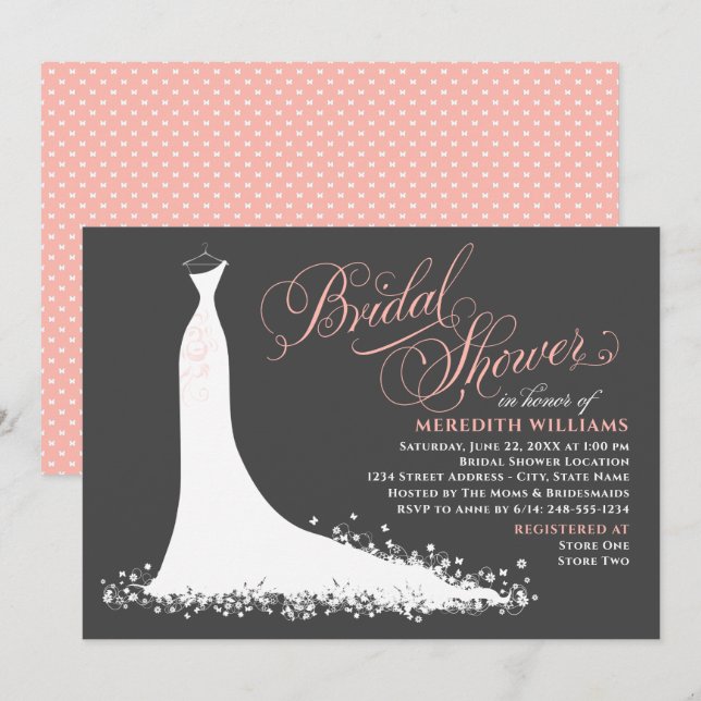 Elegant Charcoal Blush Wedding Gown Bridal Shower Invitation (Front/Back)