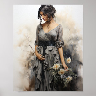 Elegant Charcoal Drawing of a Woman Wearing a Fier Poster