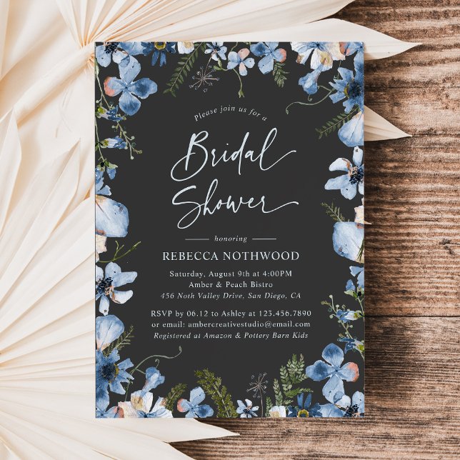 Elegant Charcoal Dusky Blue Florals Bridal Shower  Invitation (Creator Uploaded)
