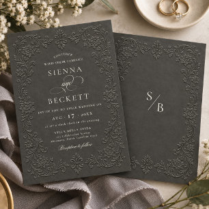 Elegant Charcoal Embossed Style Floral Ornate  Invitation