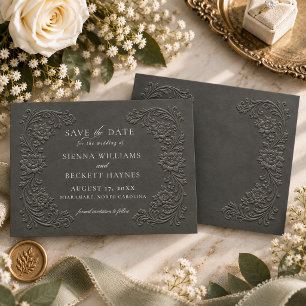 Elegant Charcoal Embossed Style Floral Save The Date