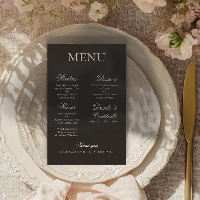 Elegant Charcoal Gold Boho Minimalist Wedding Menu (Creator Uploaded)