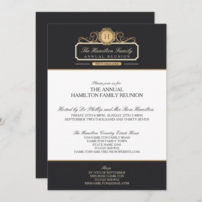 Elegant Charcoal Gold Monogram Family Reunion Invitation (Front/Back)