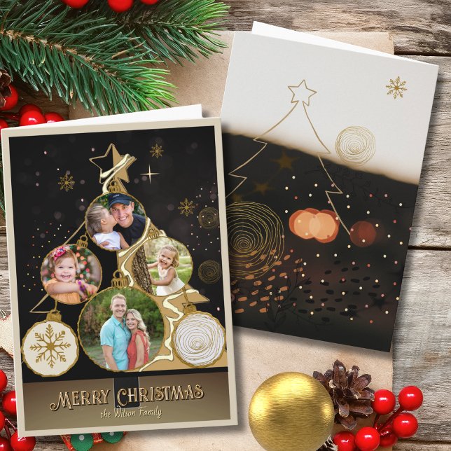 Elegant Charcoal & Gold Star 4-Photo Christmas Holiday Card (Elegant Charcoal & Gold Star 4-Photo Christmas Holiday Card)