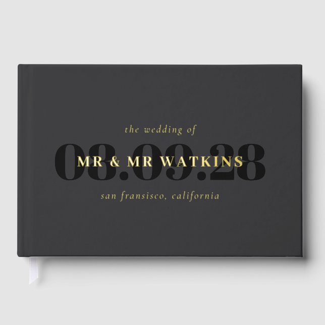 Elegant Charcoal Gold Typography Wedding Guest Book (Front)