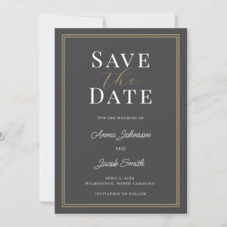 Elegant Charcoal Gray Gold Double Border Wedding  Save The Date