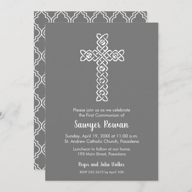 Elegant Charcoal Grey Baptism Christening Invites (Front/Back)