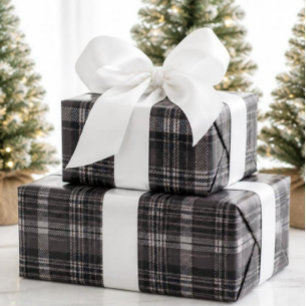 Elegant Charcoal Grey & Blue Tartan Plaid Wrapping Paper