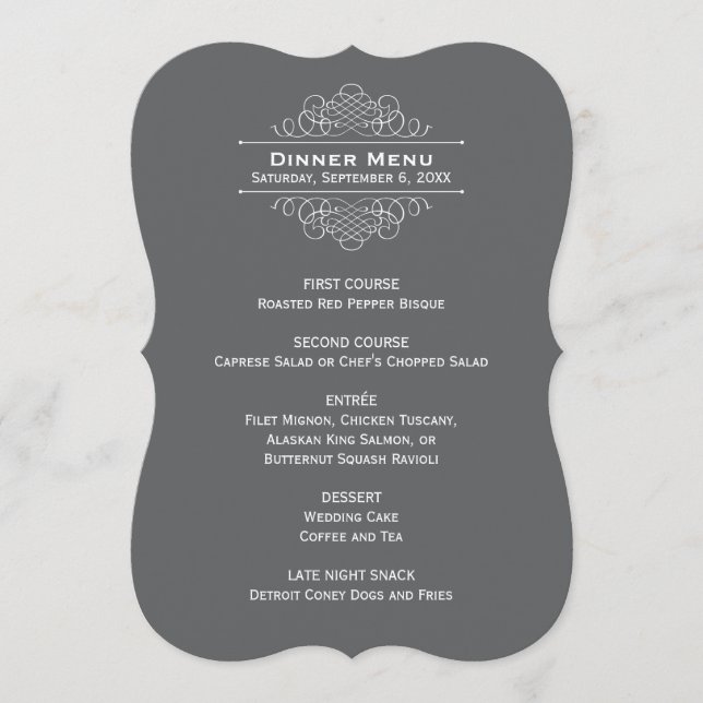 Elegant Charcoal Grey Wedding Monogram Dinner Menu (Front)