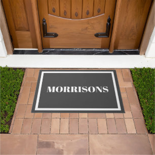 Elegant charcoal grey white custom name border doormat