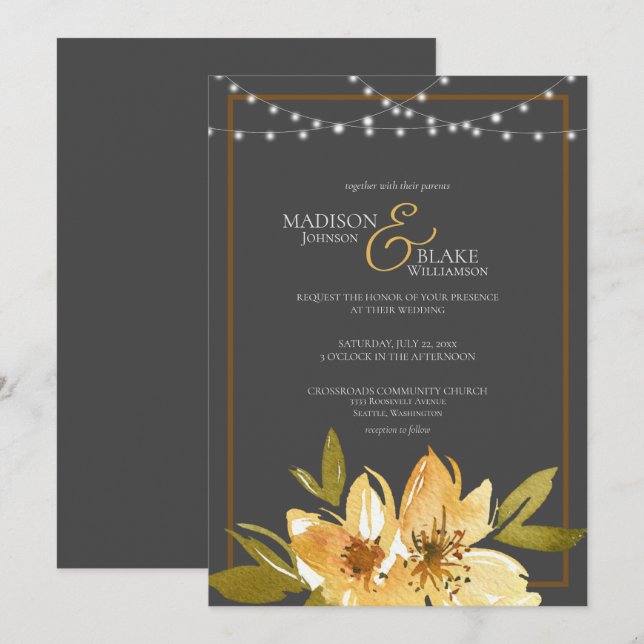 Elegant Charcoal Grey, Yellow and Copper Wedding Invitation (Front/Back)