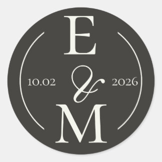 Elegant Charcoal Modern Monogram Date Wedding Classic Round Sticker