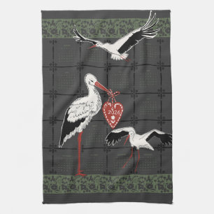 Elegant Charcoal & Moss Folk Stork 2026 Calendar Tea Towel