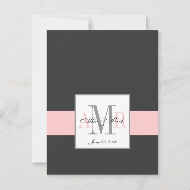 Elegant Charcoal Pink Monogram Wedding RSVP (Front)