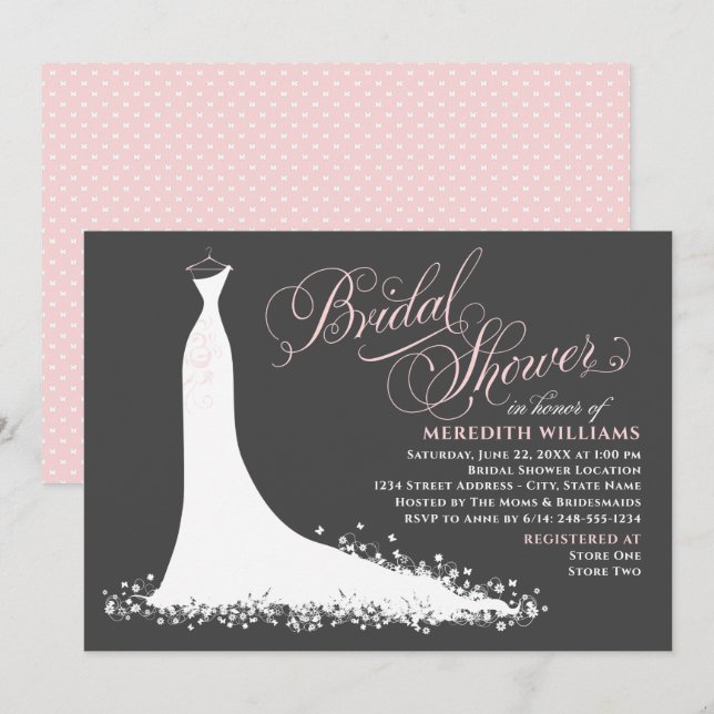 Elegant Charcoal Pink Wedding Gown Bridal Shower Invitation (Front/Back)
