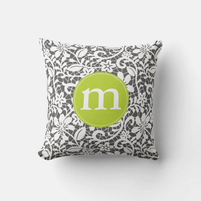 Elegant Charcoal Retro Lace Personalised Monogram Cushion (Front)
