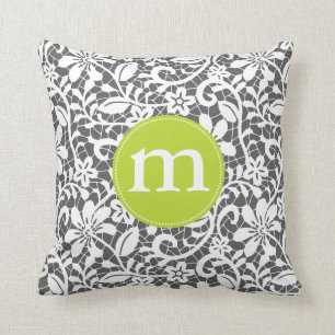 Elegant Charcoal Retro Lace Personalised Monogram Cushion