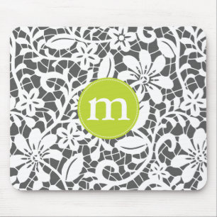 Elegant Charcoal Retro Lace Personalised Monogram Mouse Mat