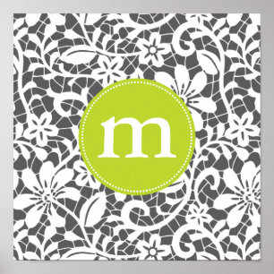 Elegant Charcoal Retro Lace Personalised Monogram Poster