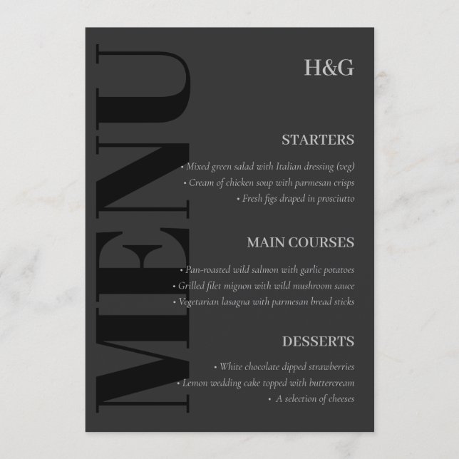 Elegant Charcoal Typography Monogram Wedding Menu (Front)